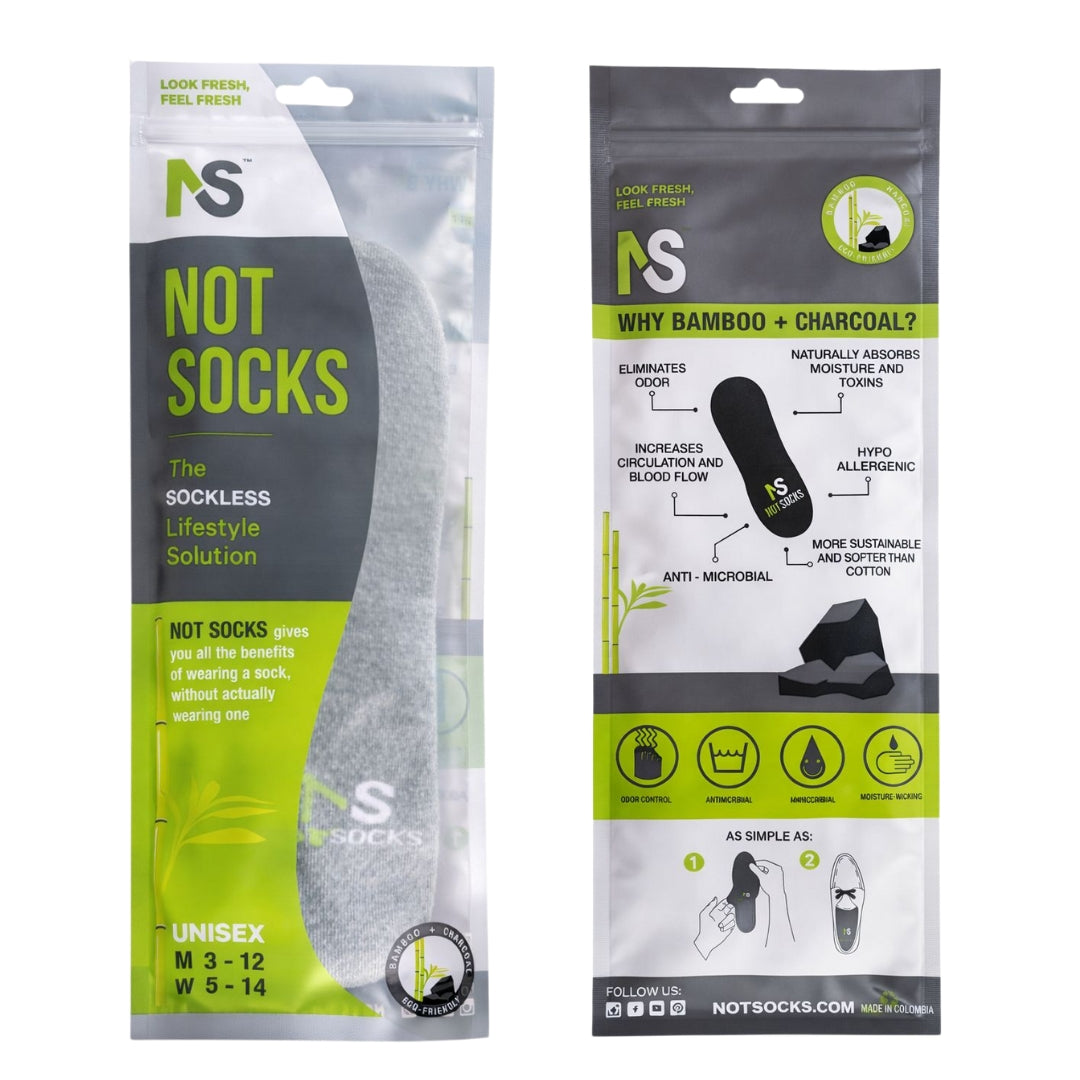Front and back view of NS Not Socks packaging showing sockless insole product, benefits, and usage instructions.