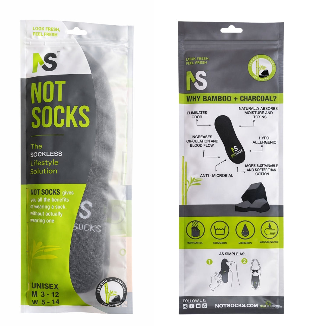 Front and back view of NS Not Socks packaging showing sockless insole product, benefits, and usage instructions.