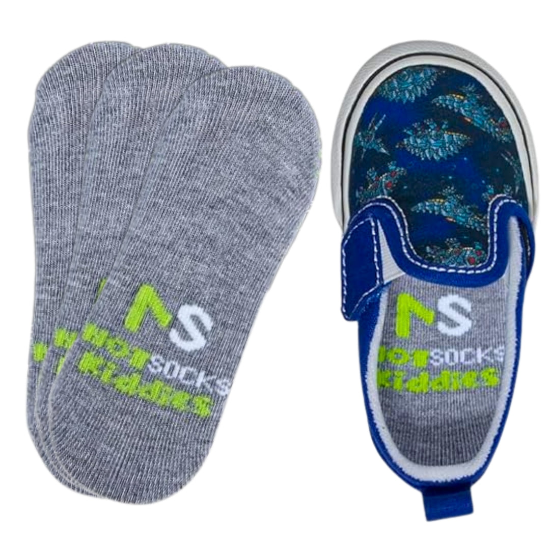 NS HOTSOCKS kiddies dark gray socks and matching insole inside blue bird-patterned children’s shoe.