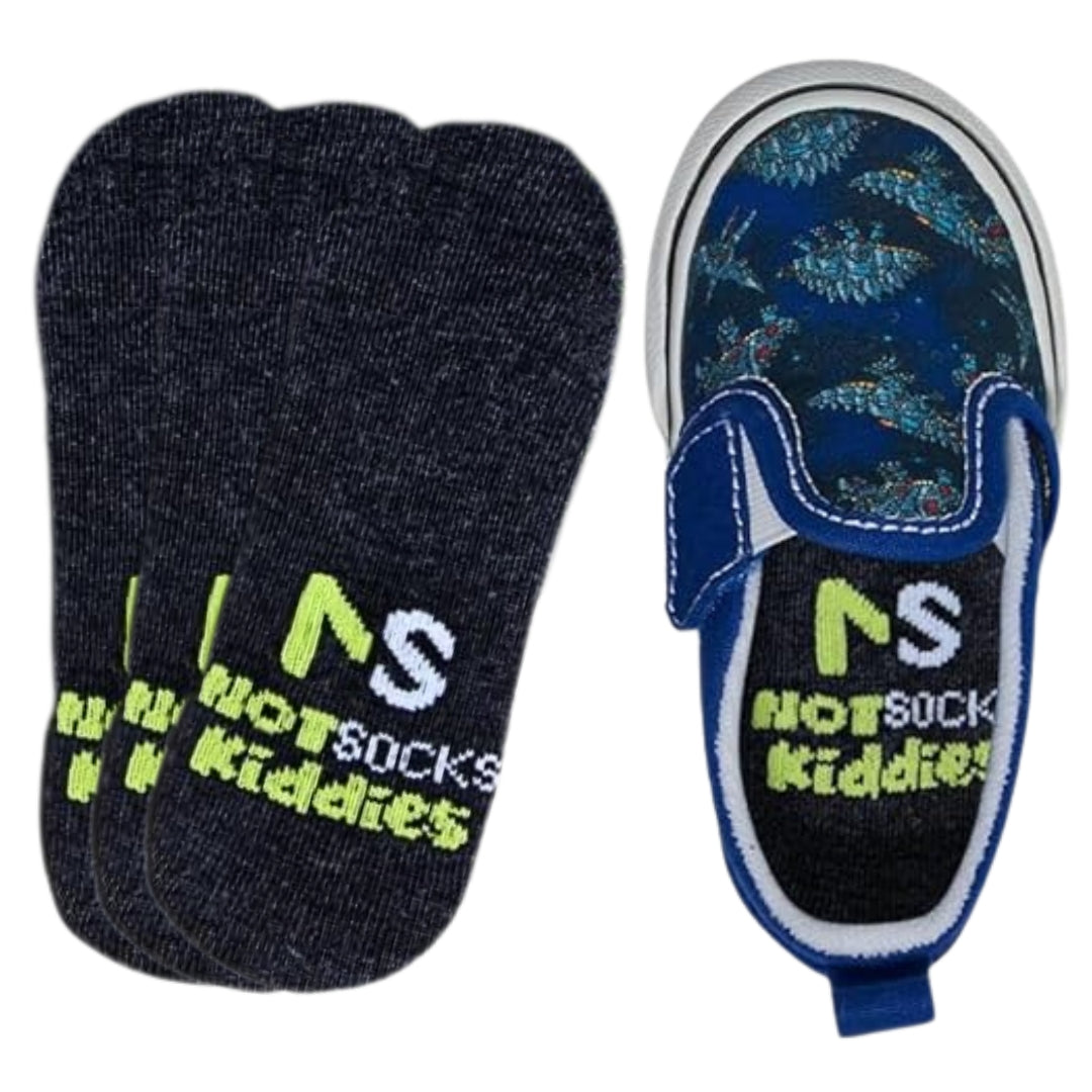 NS HOTSOCKS kiddies dark gray socks and matching insole inside blue bird-patterned children’s shoe.