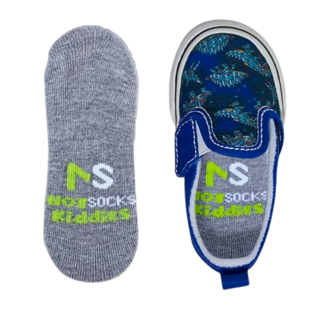 NS HOTSOCKS kiddies black sock displayed beside a black-and-gray checkered slip-on shoe with the sock inside.