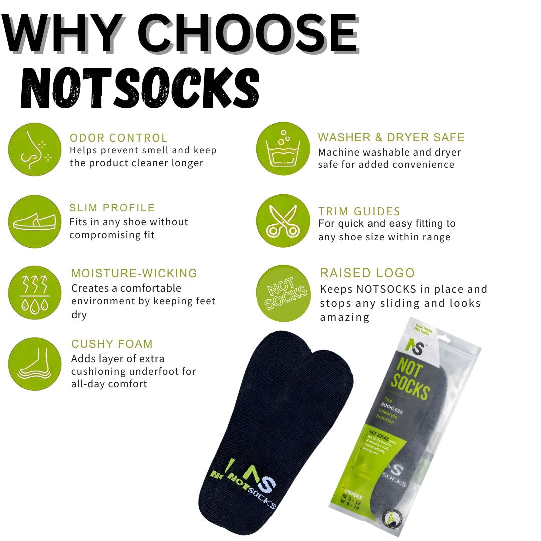 Why choose NotSocks insole socks showing odor control, slim profile, moisture wicking, cushioned foam, and washer safe features